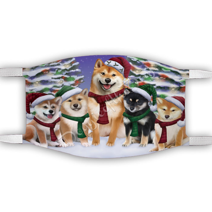 Shiba Inu Dogs Christmas Family Portrait in Holiday Scenic Background Face Mask FM48377