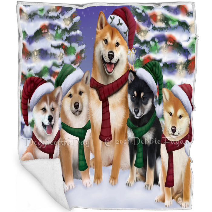 Shiba Inu Dogs Christmas Family Portrait in Holiday Scenic Background Blanket BLNKT143270