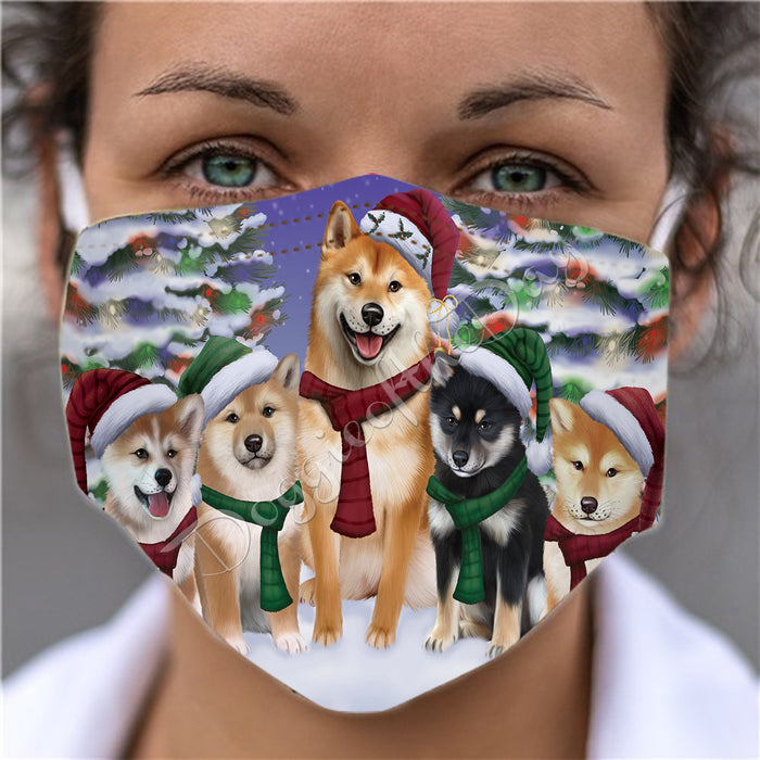 Shiba Inu Dogs Christmas Family Portrait in Holiday Scenic Background Face Mask FM48377