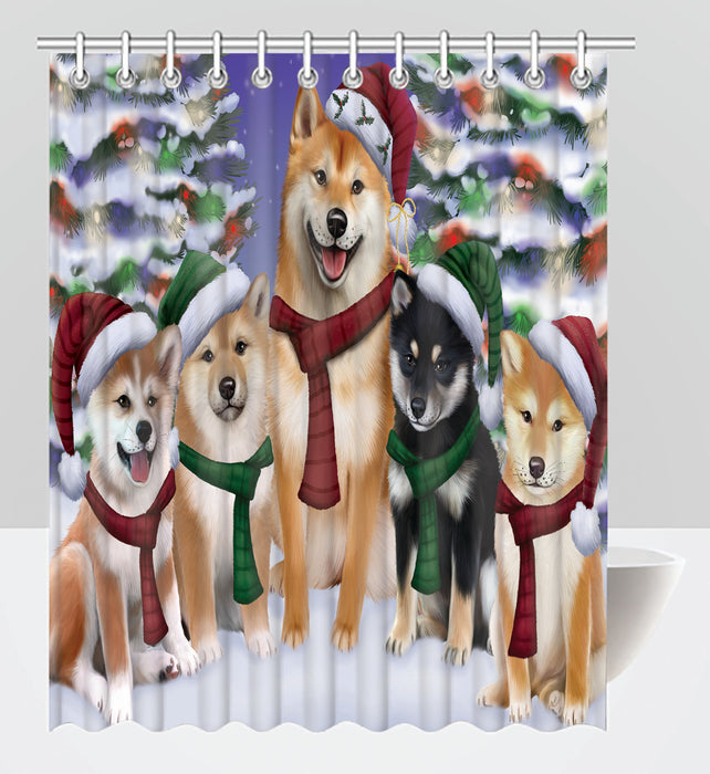Shiba Inu Dogs Christmas Family Portrait in Holiday Scenic Background Shower Curtain