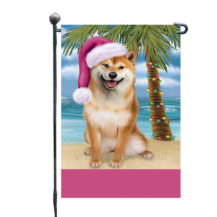 Personalized Summertime Happy Holidays Christmas Shiba Inu Dog on Tropical Island Beach  Custom Garden Flags GFLG-DOTD-A60539