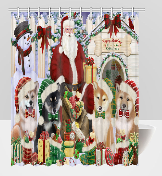 Happy Holidays Christmas Shiba Inu Dogs House Gathering Shower Curtain