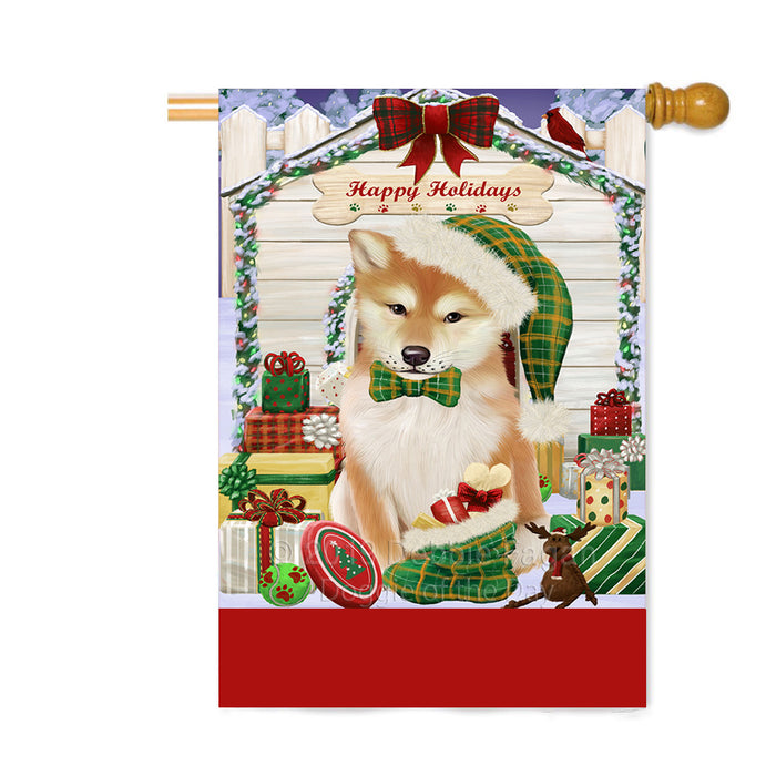 Personalized Happy Holidays Christmas Shiba Inu Dog House with Presents Custom House Flag FLG-DOTD-A59431