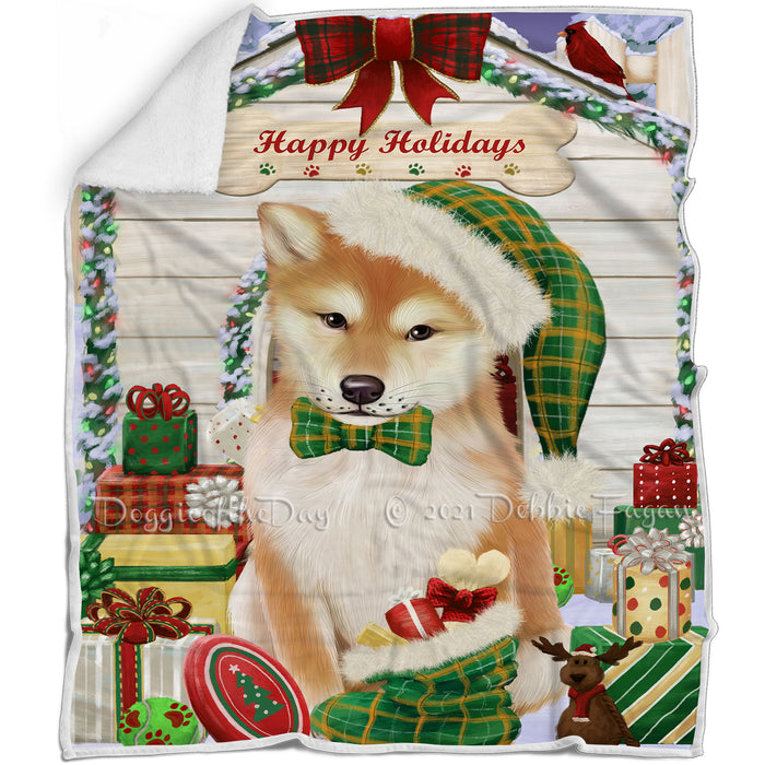Happy Holidays Christmas Shiba Inu Dog House with Presents Blanket BLNKT80292