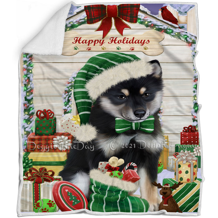 Happy Holidays Christmas Shiba Inu Dog House with Presents Blanket BLNKT80301