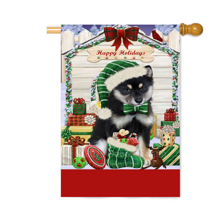 Personalized Happy Holidays Christmas Shiba Inu Dog House with Presents Custom House Flag FLG-DOTD-A59432