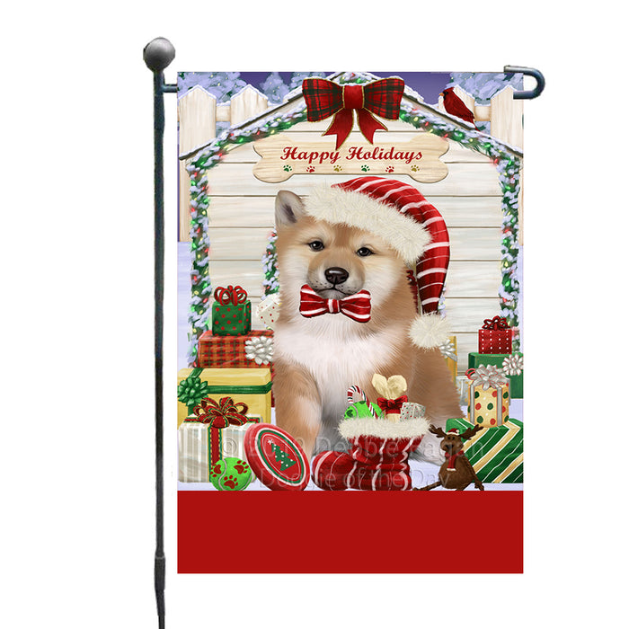 Personalized Happy Holidays Christmas Shiba Inu Dog House with Presents Custom Garden Flags GFLG-DOTD-A59377