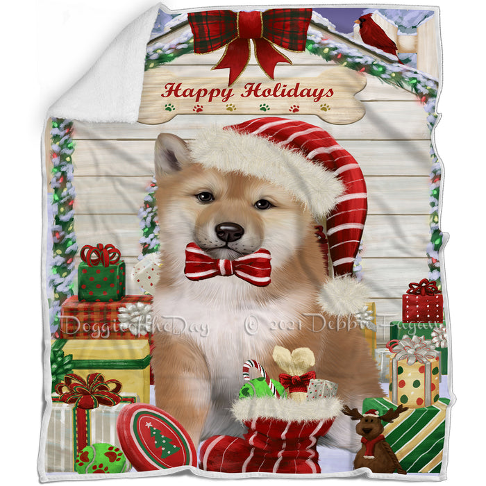 Happy Holidays Christmas Shiba Inu Dog House with Presents Blanket BLNKT80319