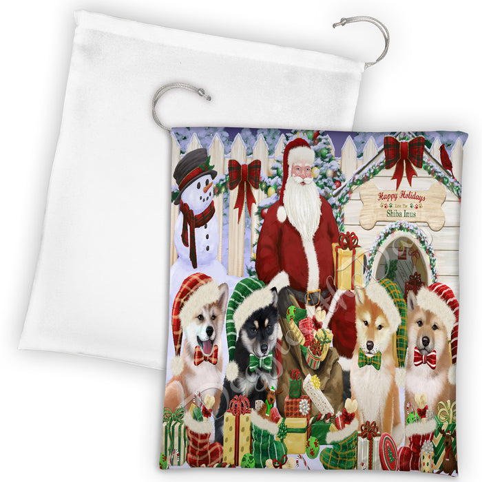 Happy Holidays Christmas Shiba Inu Dogs House Gathering Drawstring Laundry or Gift Bag LGB48079