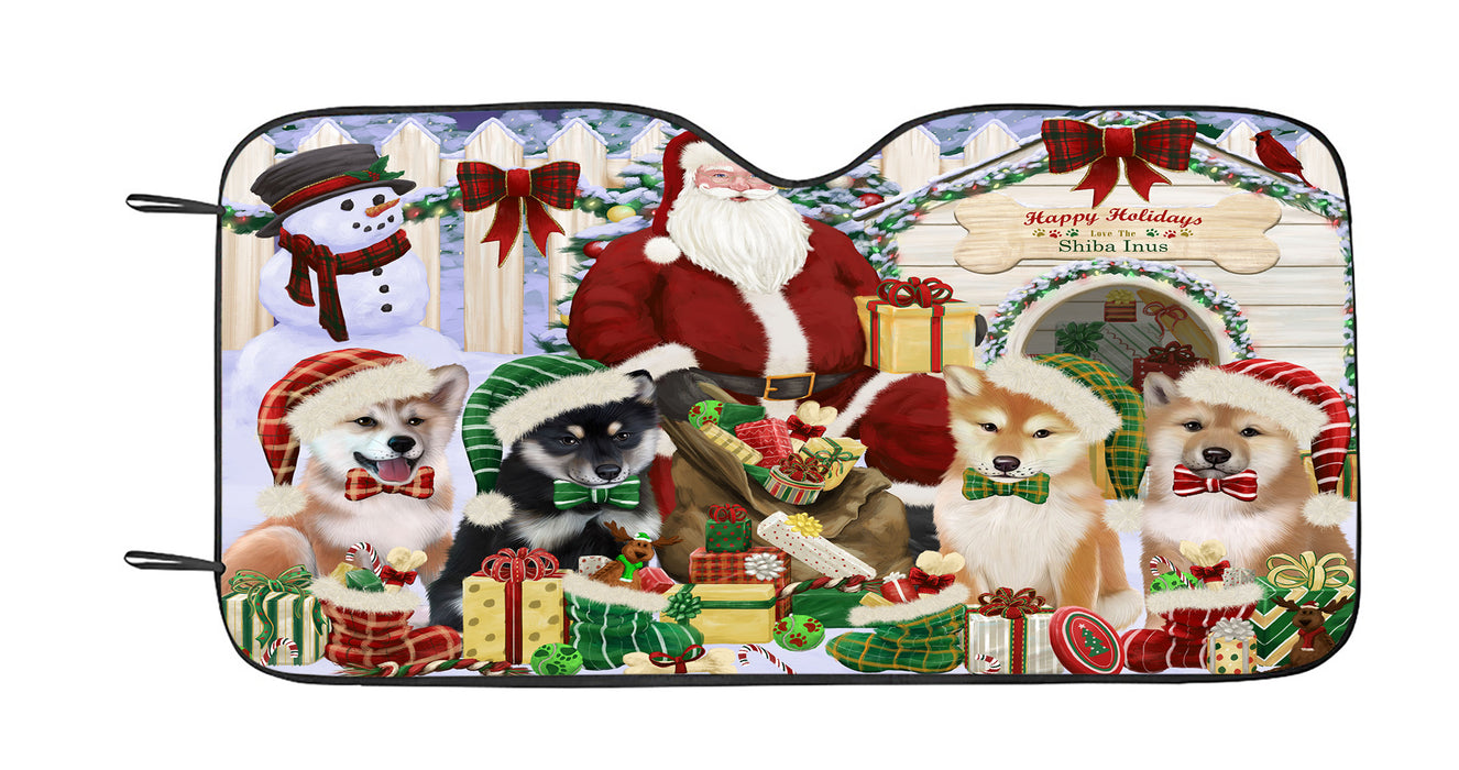 Happy Holidays Christmas Shiba Inu Dogs House Gathering Car Sun Shade