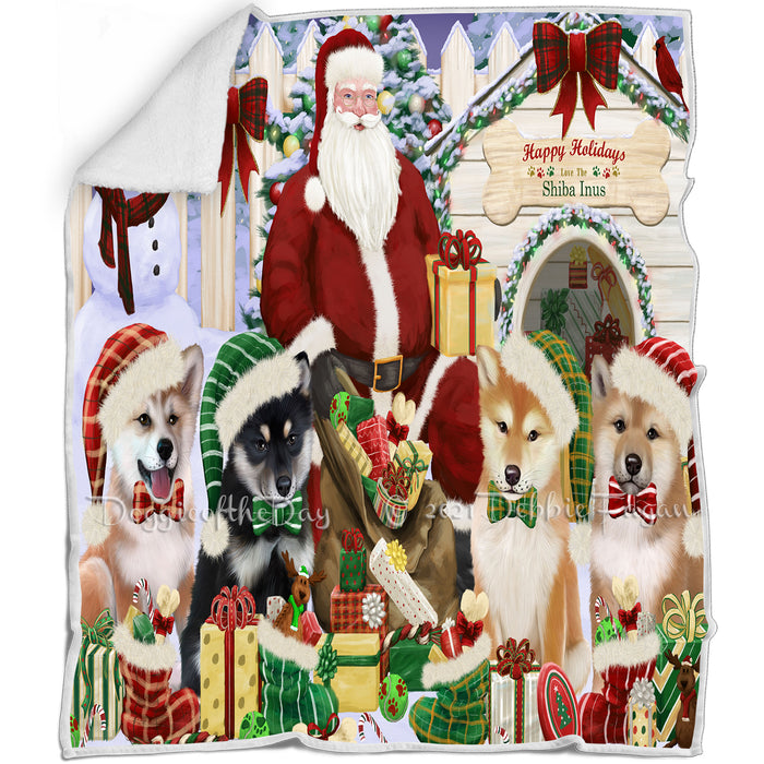 Happy Holidays Christmas Shiba Inus Dog House Gathering Blanket BLNKT79950