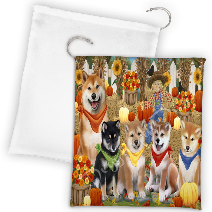Fall Festive Harvest Time Gathering Shiba Inu Dogs Drawstring Laundry or Gift Bag LGB48437