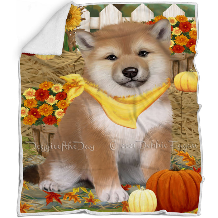 Fall Autumn Greeting Shiba Inu Dog with Pumpkins Blanket BLNKT73875