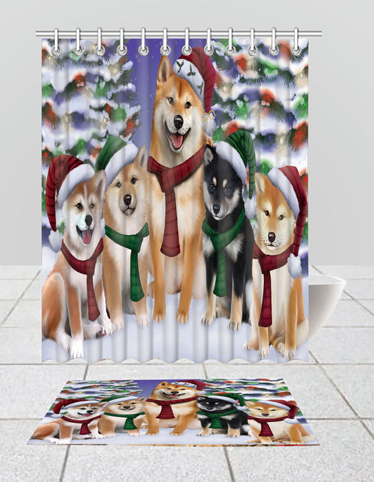 Shiba Inu Dogs Christmas Family Portrait in Holiday Scenic Background  Bath Mat and Shower Curtain Combo