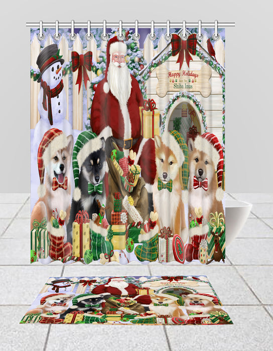 Happy Holidays Christmas Shiba Inu Dogs House Gathering Bath Mat and Shower Curtain Combo