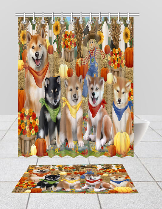 Fall Festive Harvest Time Gathering Shiba Inu Dogs Bath Mat and Shower Curtain Combo