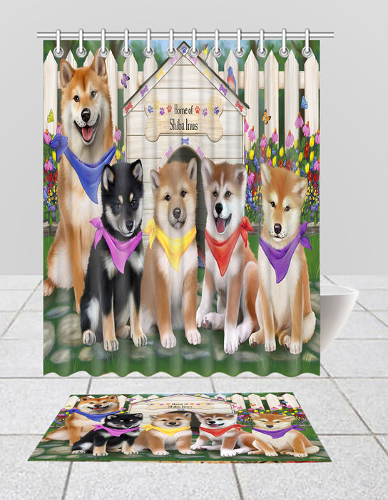 Spring Dog House Shiba Inu Dogs Bath Mat and Shower Curtain Combo