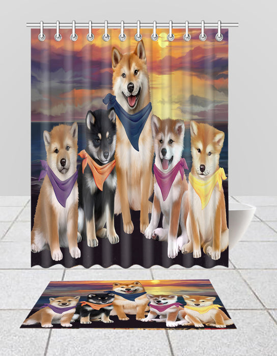 Family Sunset Portrait Shiba Inu Dogs Bath Mat and Shower Curtain Combo