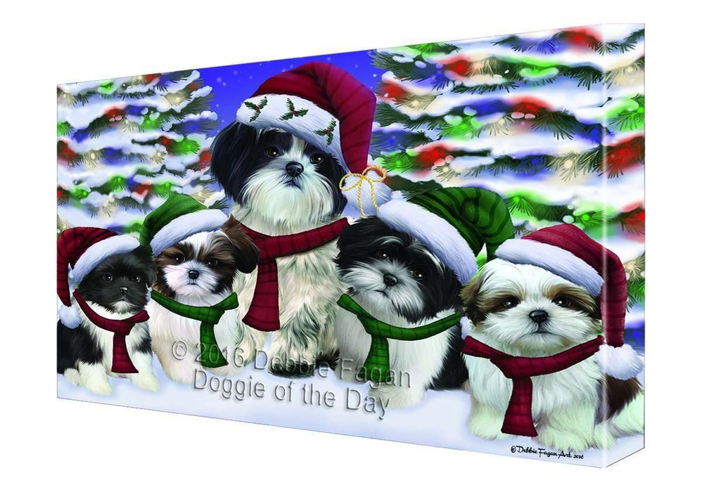 Shih Tzu Dog Christmas Family Portrait in Holiday Scenic Background Canvas Wall Art