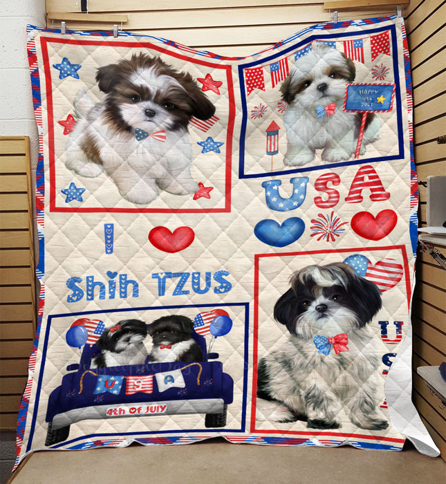 4th of July Independence Day I Love USA Shih Tzu Dogs Quilt Bed Coverlet Bedspread - Pets Comforter Unique One-side Animal Printing - Soft Lightweight Durable Washable Polyester Quilt