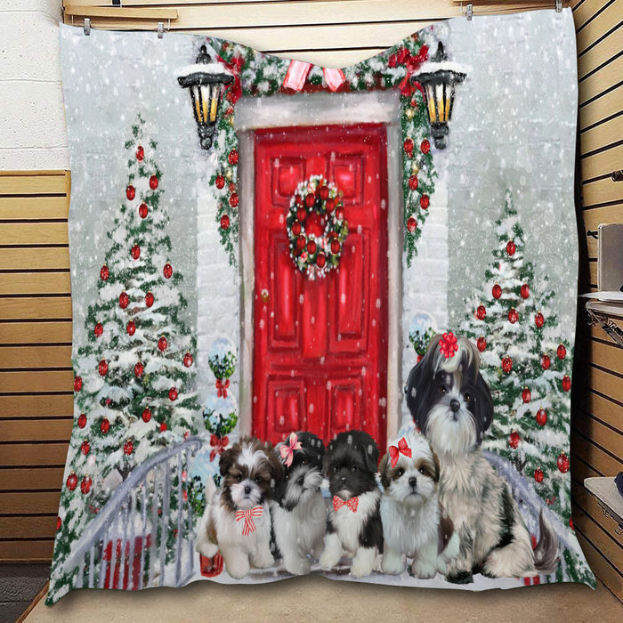 Christmas Holiday Welcome Shih Tzu Dogs  Quilt Bed Coverlet Bedspread - Pets Comforter Unique One-side Animal Printing - Soft Lightweight Durable Washable Polyester Quilt
