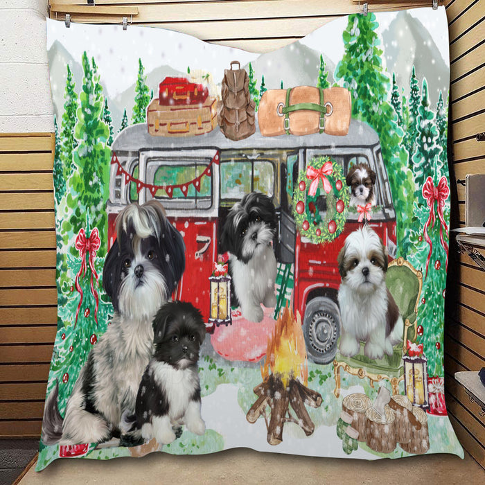 Christmas Time Camping with Shih Tzu Dogs  Quilt Bed Coverlet Bedspread - Pets Comforter Unique One-side Animal Printing - Soft Lightweight Durable Washable Polyester Quilt