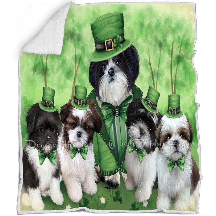 St. Patricks Day Irish Family Portrait Shih Tzus Dog Blanket BLNKT59115