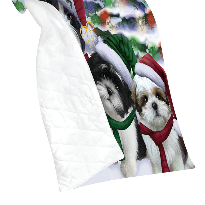 Shih Tzu Dogs Christmas Family Portrait in Holiday Scenic Background Quilt