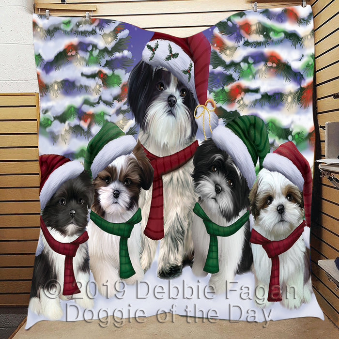 Shih Tzu Dogs Christmas Family Portrait in Holiday Scenic Background Quilt