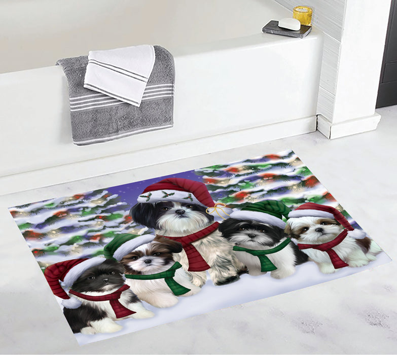 Shih Tzu Dogs Christmas Family Portrait in Holiday Scenic Background Bath Mat