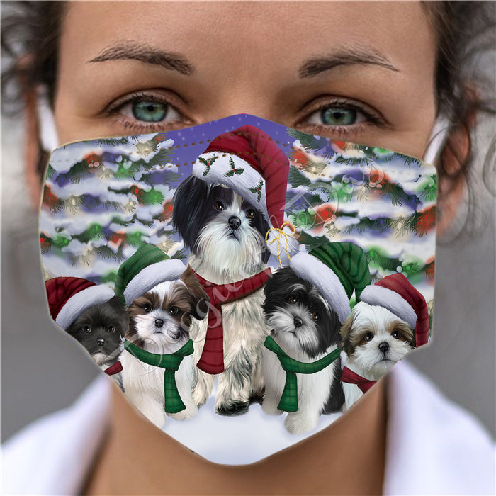 Shih Tzu Dogs Christmas Family Portrait in Holiday Scenic Background Face Mask FM48378
