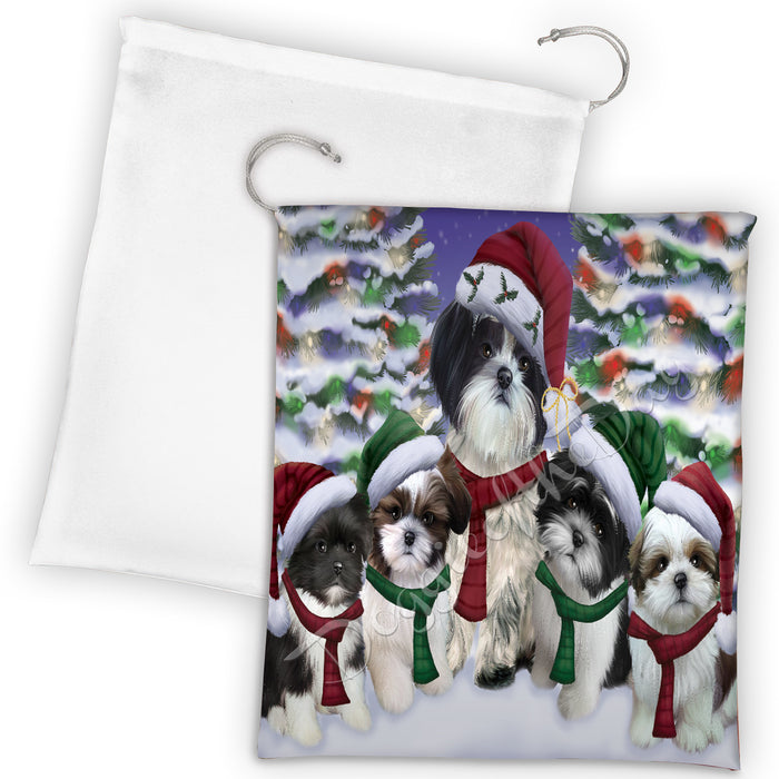 Shih Tzu Dogs Christmas Family Portrait in Holiday Scenic Background Drawstring Laundry or Gift Bag LGB48176