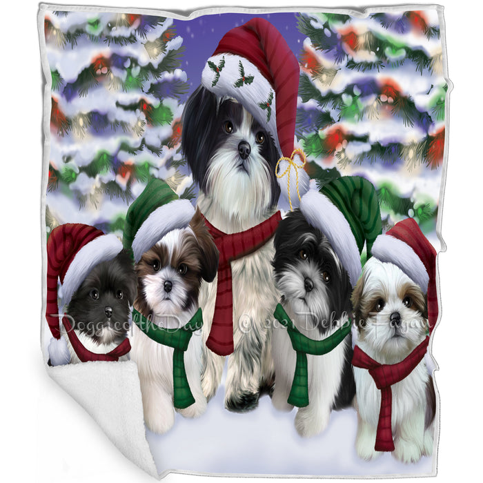 Shih Tzu Dog Christmas Family Portrait in Holiday Scenic Background Art Portrait Print Woven Throw Sherpa Plush Fleece Blanket