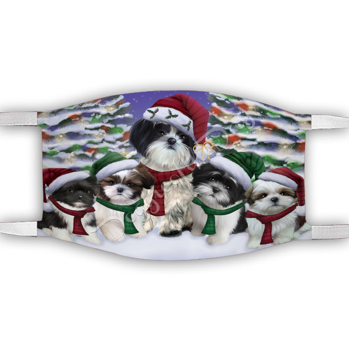 Shih Tzu Dogs Christmas Family Portrait in Holiday Scenic Background Face Mask FM48378