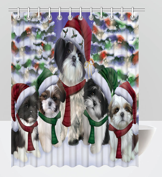 Shih Tzu Dogs Christmas Family Portrait in Holiday Scenic Background Shower Curtain