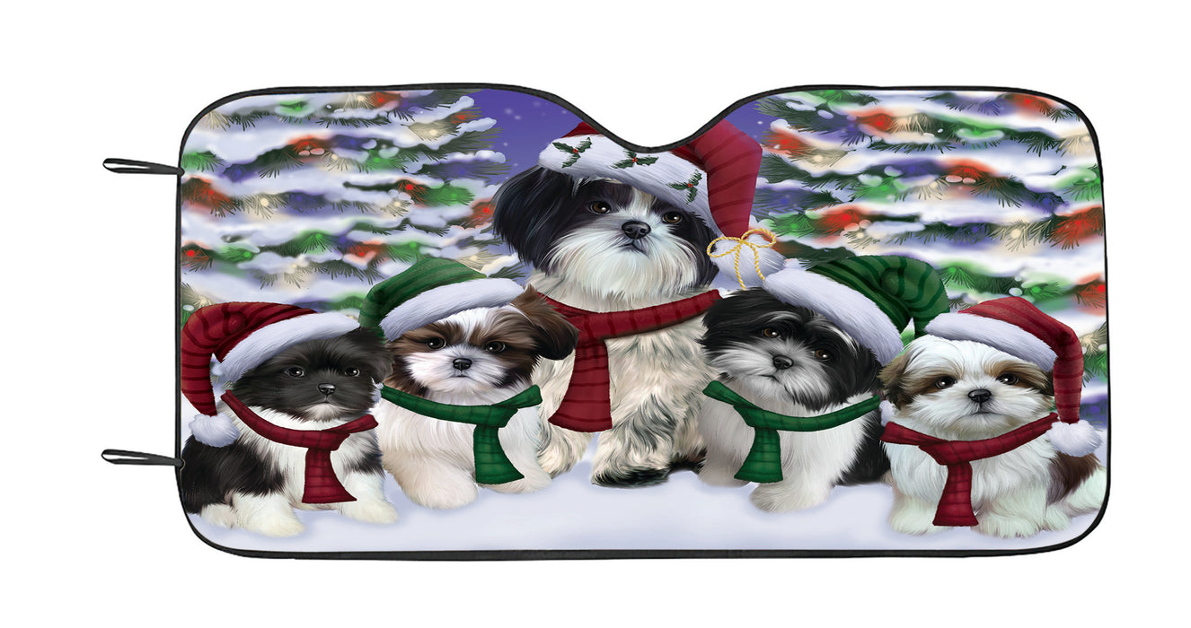 Shih Tzu Dogs Christmas Family Portrait in Holiday Scenic Background Car Sun Shade