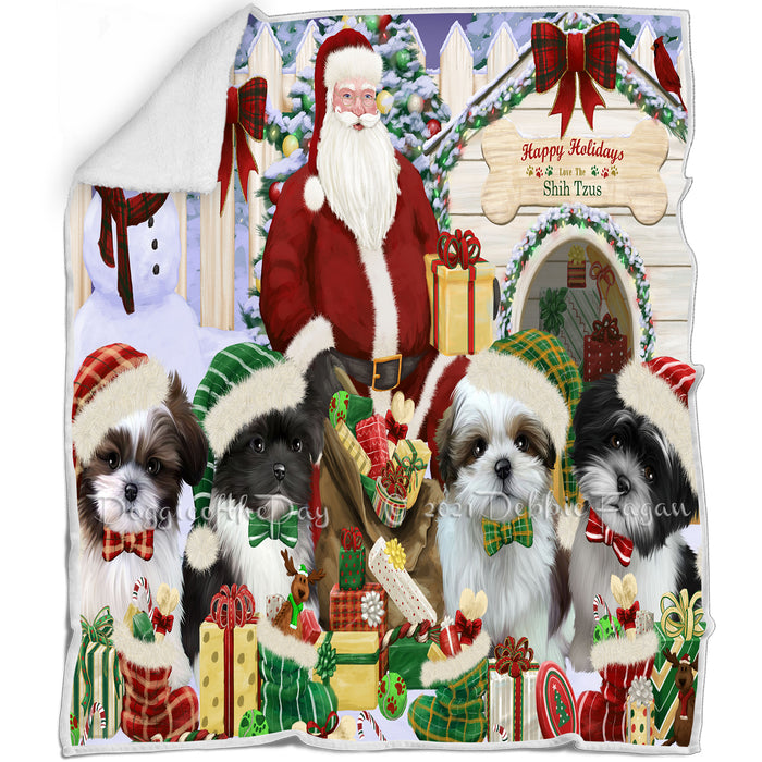 Happy Holidays Christmas Shih Tzus Dog House Gathering Blanket BLNKT79959