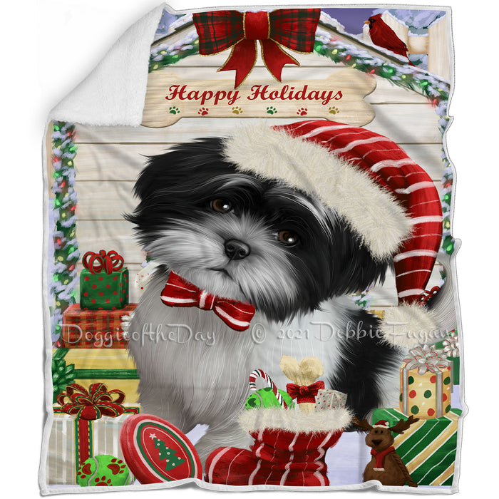 Happy Holidays Christmas Shih Tzu Dog House with Presents Blanket BLNKT80355