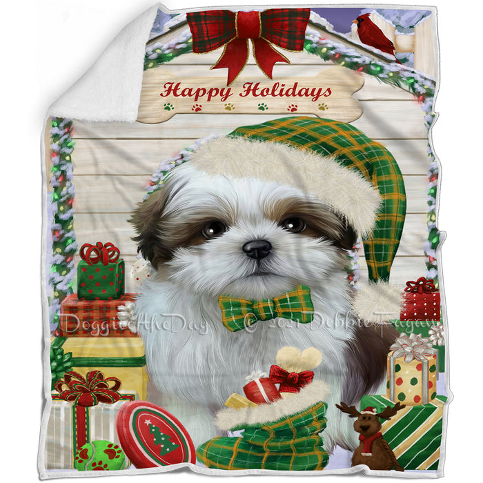 Happy Holidays Christmas Shih Tzu Dog House with Presents Blanket BLNKT80328