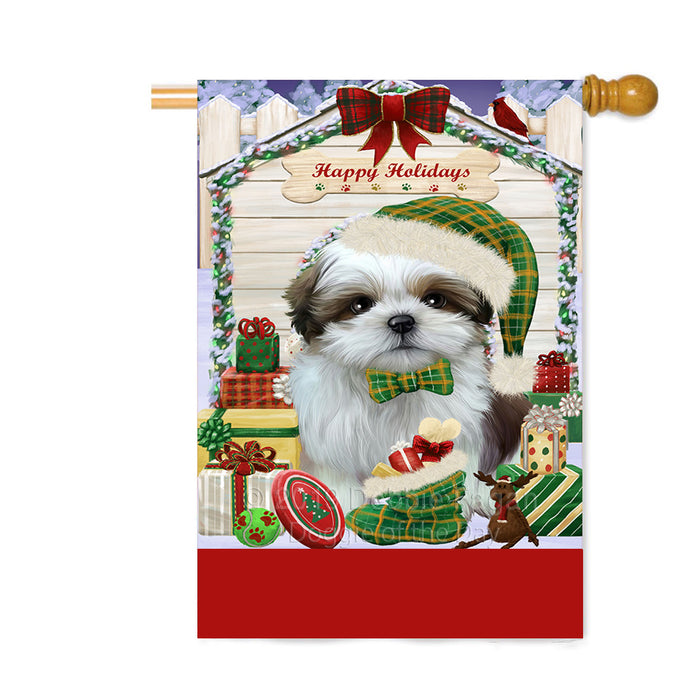 Personalized Happy Holidays Christmas Shih Tzu Dog House with Presents Custom House Flag FLG-DOTD-A59434