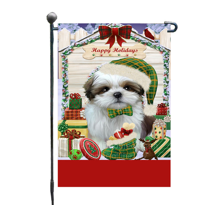 Personalized Happy Holidays Christmas Shih Tzu Dog House with Presents Custom Garden Flags GFLG-DOTD-A59378