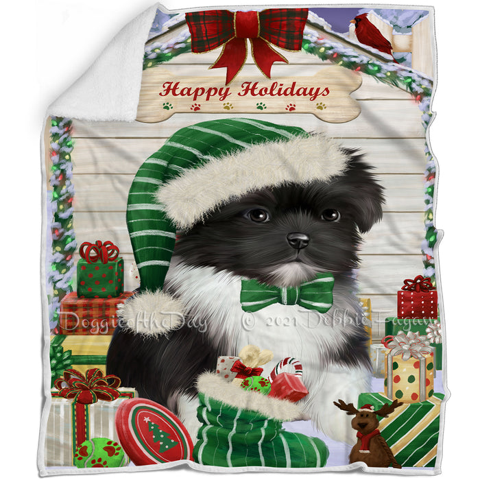 Happy Holidays Christmas Shih Tzu Dog House with Presents Blanket BLNKT80337