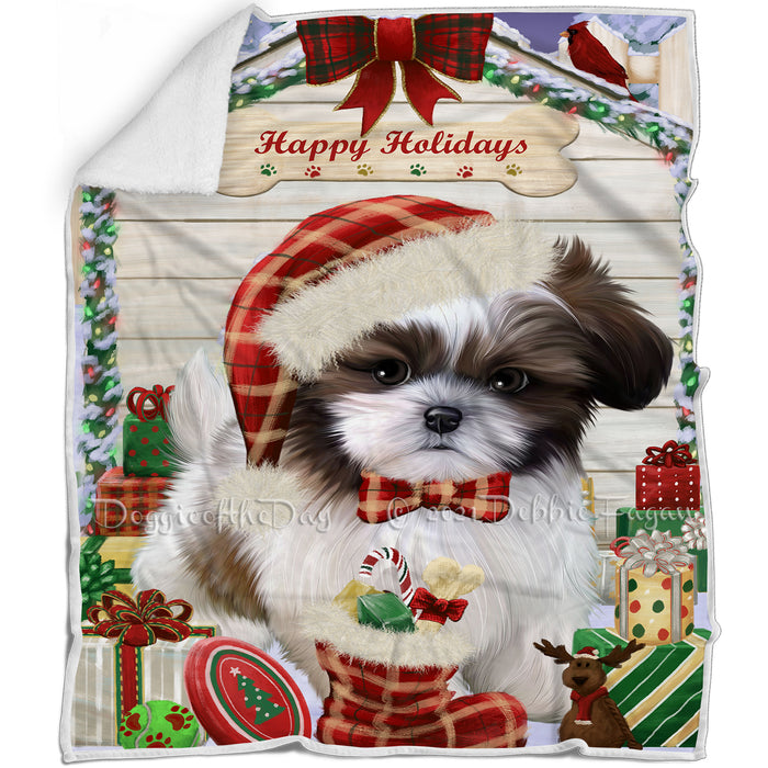 Happy Holidays Christmas Shih Tzu Dog House with Presents Blanket BLNKT80346