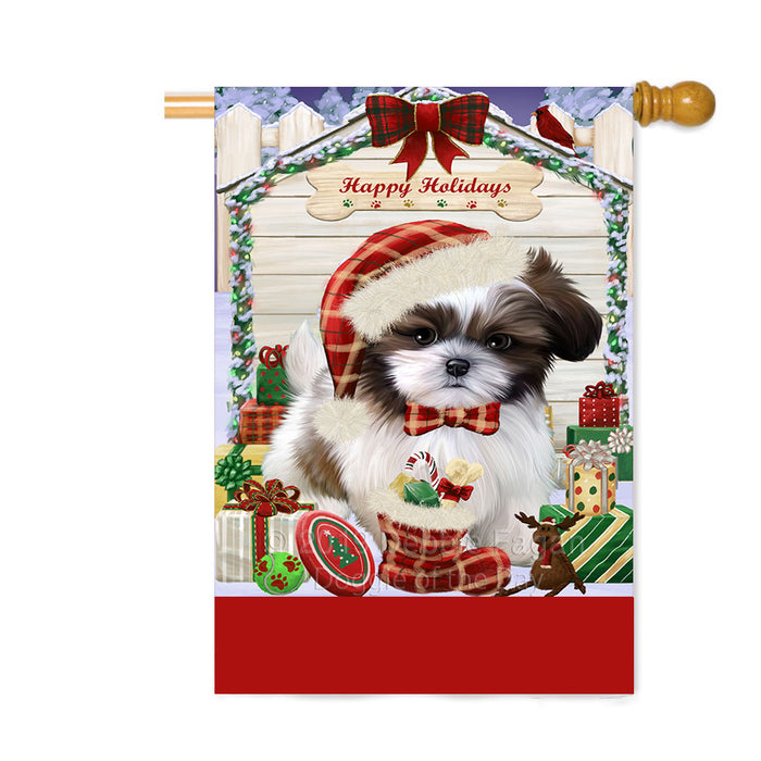 Personalized Happy Holidays Christmas Shih Tzu Dog House with Presents Custom House Flag FLG-DOTD-A59435