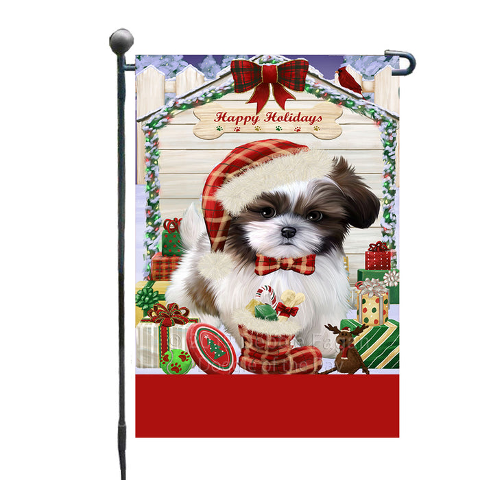 Personalized Happy Holidays Christmas Shih Tzu Dog House with Presents Custom Garden Flags GFLG-DOTD-A59379