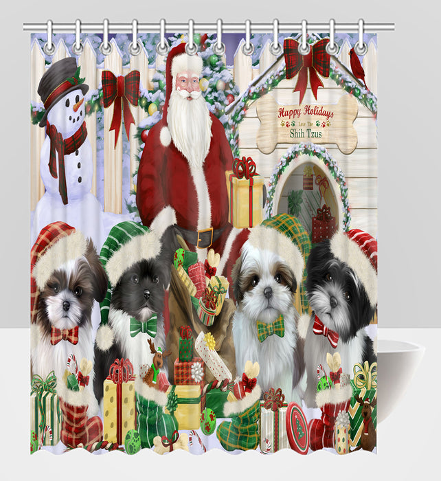 Happy Holidays Christmas Shih Tzu Dogs House Gathering Shower Curtain