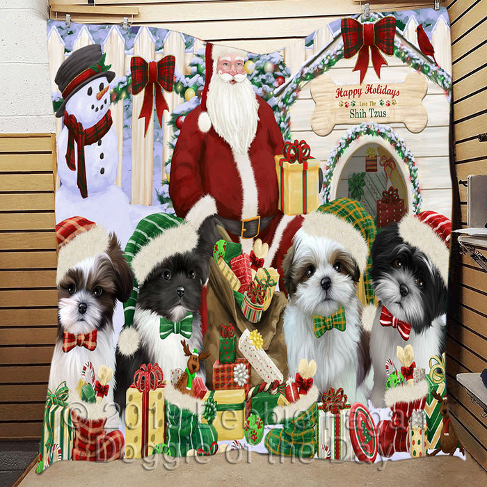 Happy Holidays Christmas Shih Tzu Dogs House Gathering Quilt