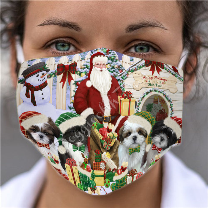 Happy Holidays Christmas Shih Tzu Dogs House Gathering Face Mask FM48282