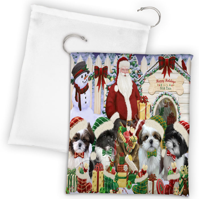Happy Holidays Christmas Shih Tzu Dogs House Gathering Drawstring Laundry or Gift Bag LGB48080