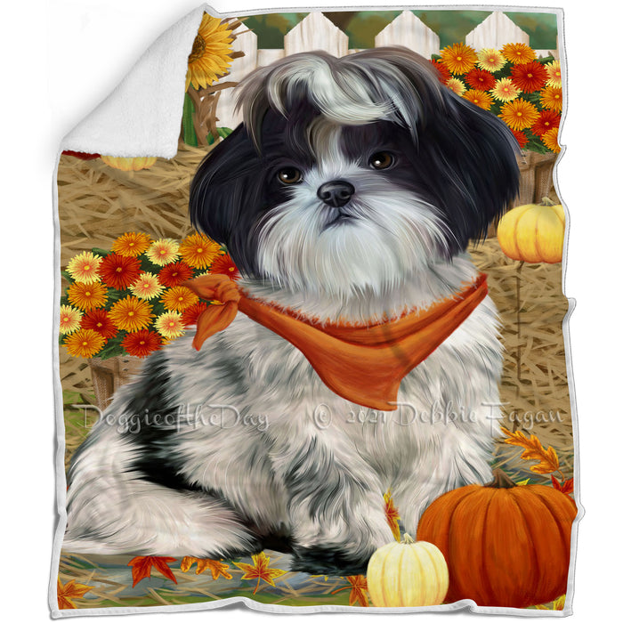 Fall Autumn Greeting Shih Tzu Dog with Pumpkins Blanket BLNKT73893